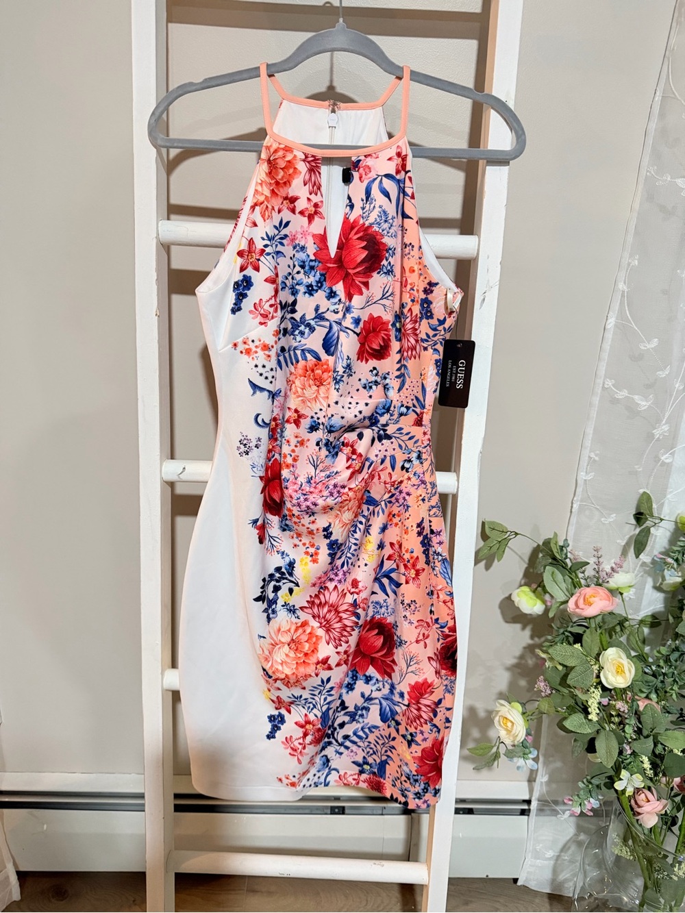 Guess Pink & White Floral Halter Midi Dress